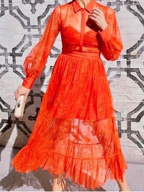 Self-Portrait Bright Orange Sheer Lace Maxi Dress